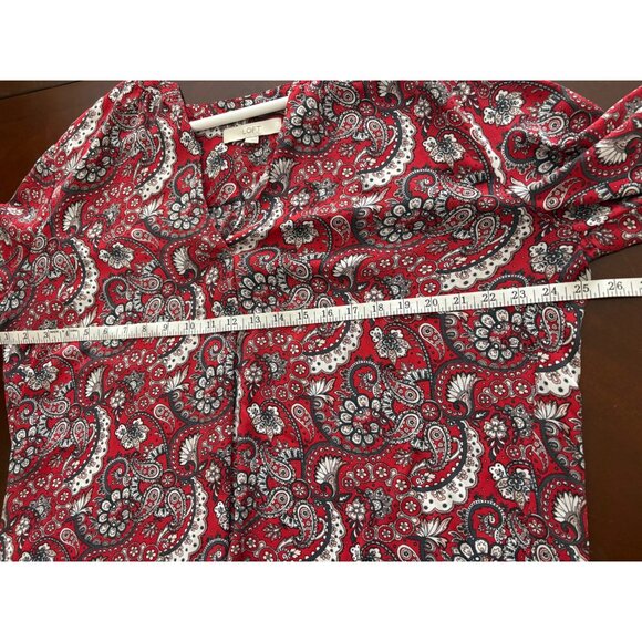 LOFT Red Paisley Print Long Sleeve  Split Neck Fall Career Blouse Size XL - Picture 10 of 11